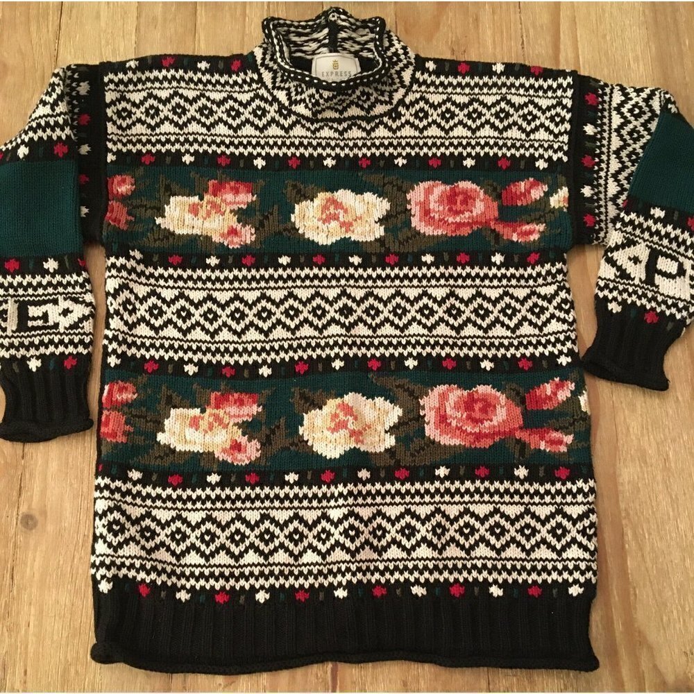 Vintage Express Tricot Sweater Chunky Oversize Floral Grandma Size Large